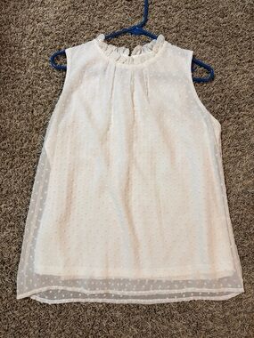 Sleeveless White Swiss Dot Ruffle-Neck Top